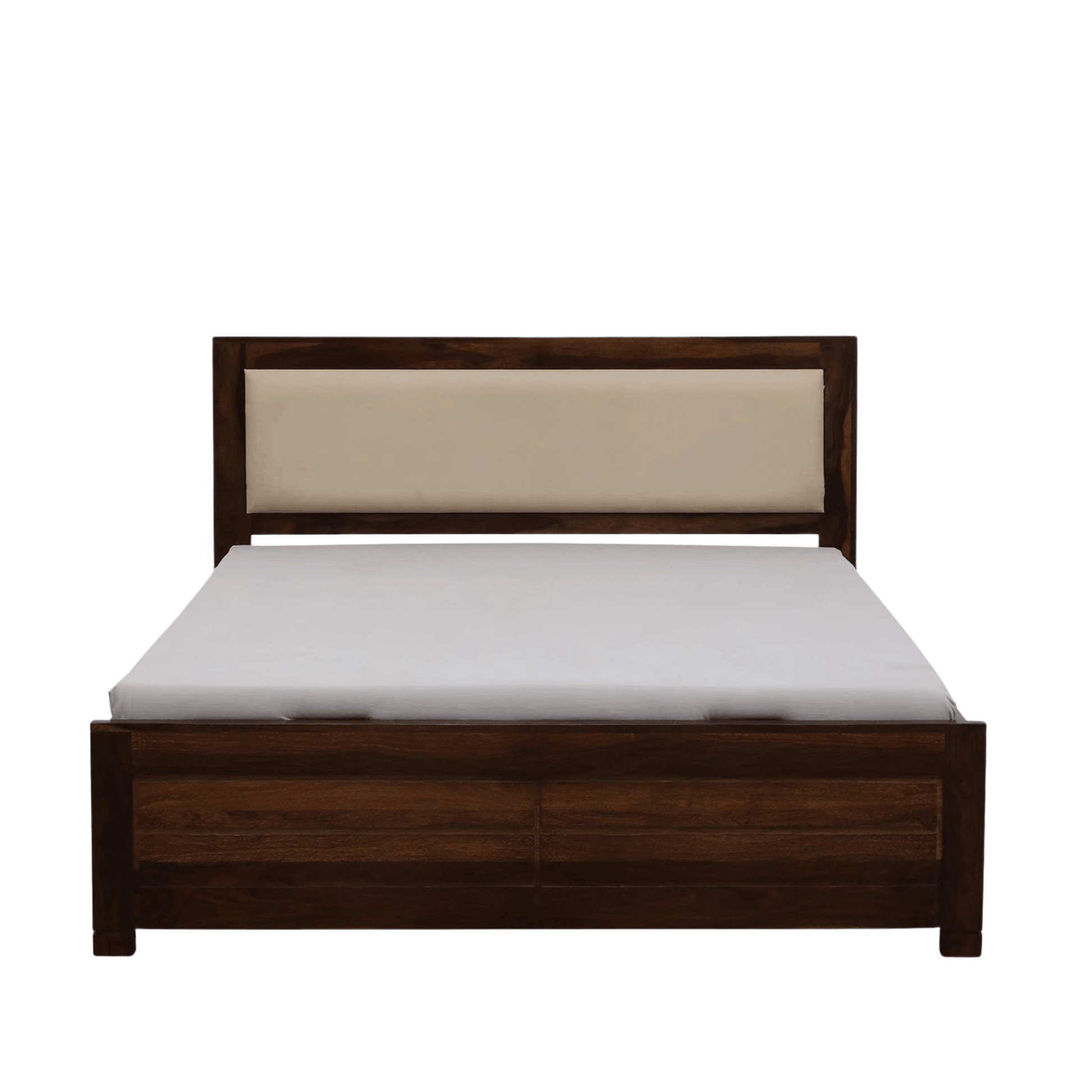 Solid wood storage bed with dark walnut finish and beige upholstered headboard