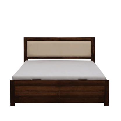 Solid wood storage bed with dark walnut finish and beige upholstered headboard