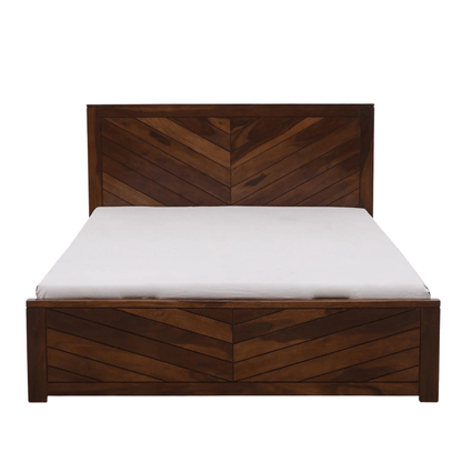 Ferrowoods Chevron Crest Hydraulic Box Storage Bed in Provincial Teak Finish | Queen Size