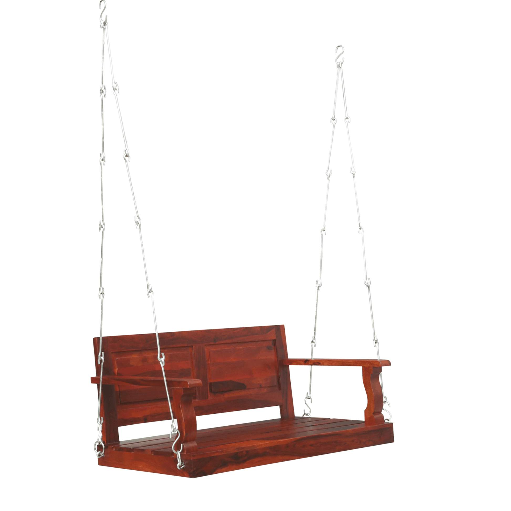 Sheesham wood porch swing with rich mahogany finish and metal chains