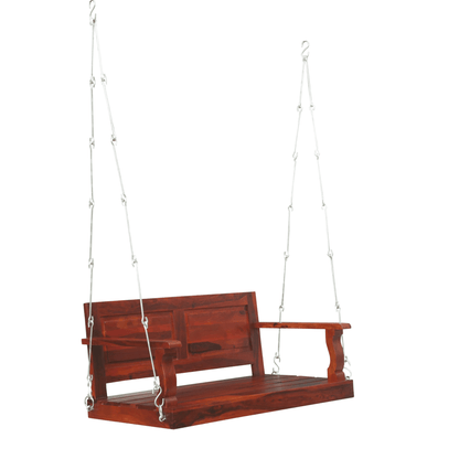 Sheesham wood porch swing with rich mahogany finish and metal chains