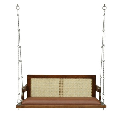 Boho Style Sheesham Wood Cane Swing Jhula with Cushion Seat | Handcrafted Indoor Hanging Bench