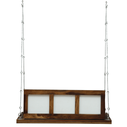 Solid wood swing bench with metal chains and cushioned seat in warm brown finish