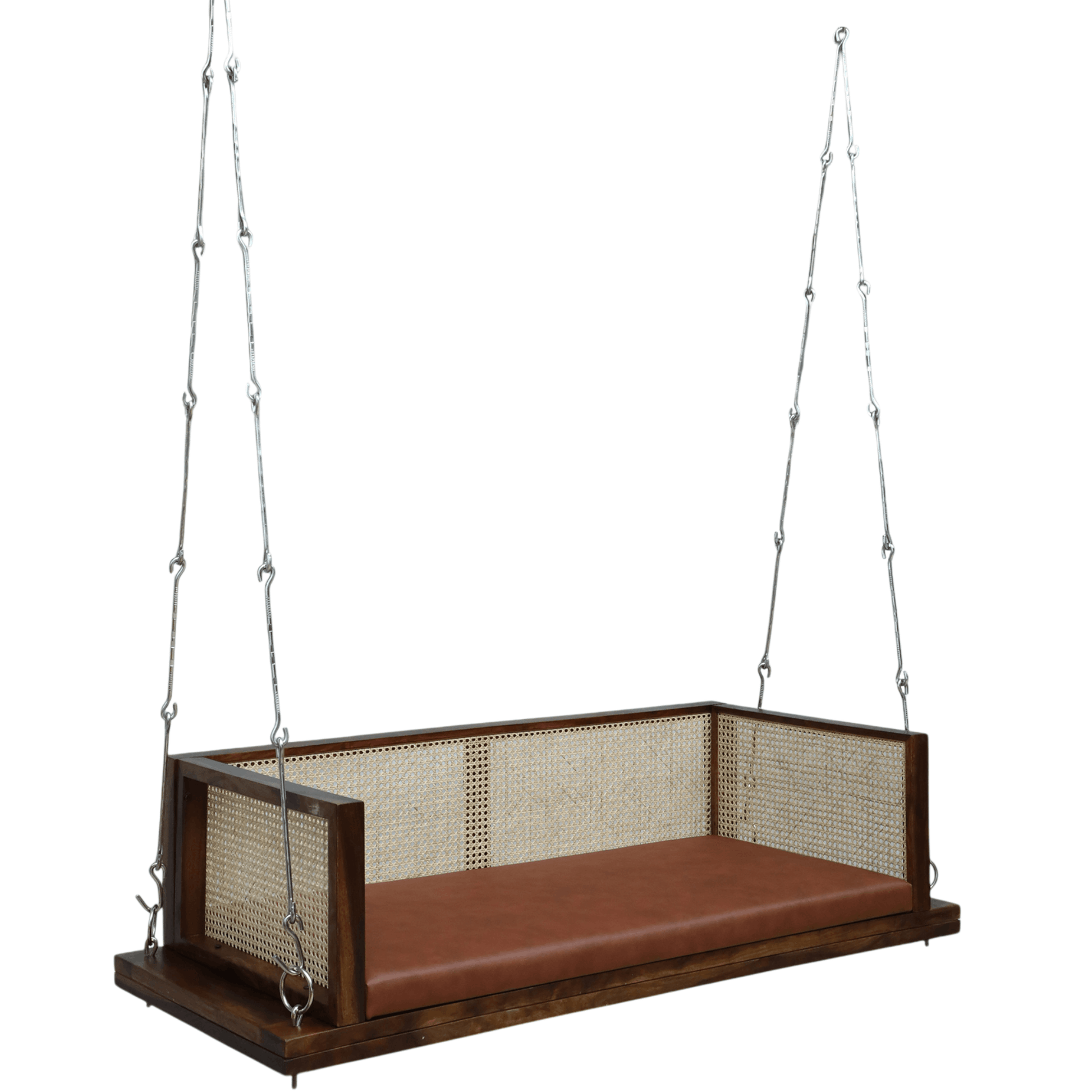 Sheesham wood hanging swing bench with cane back and brown cushion
