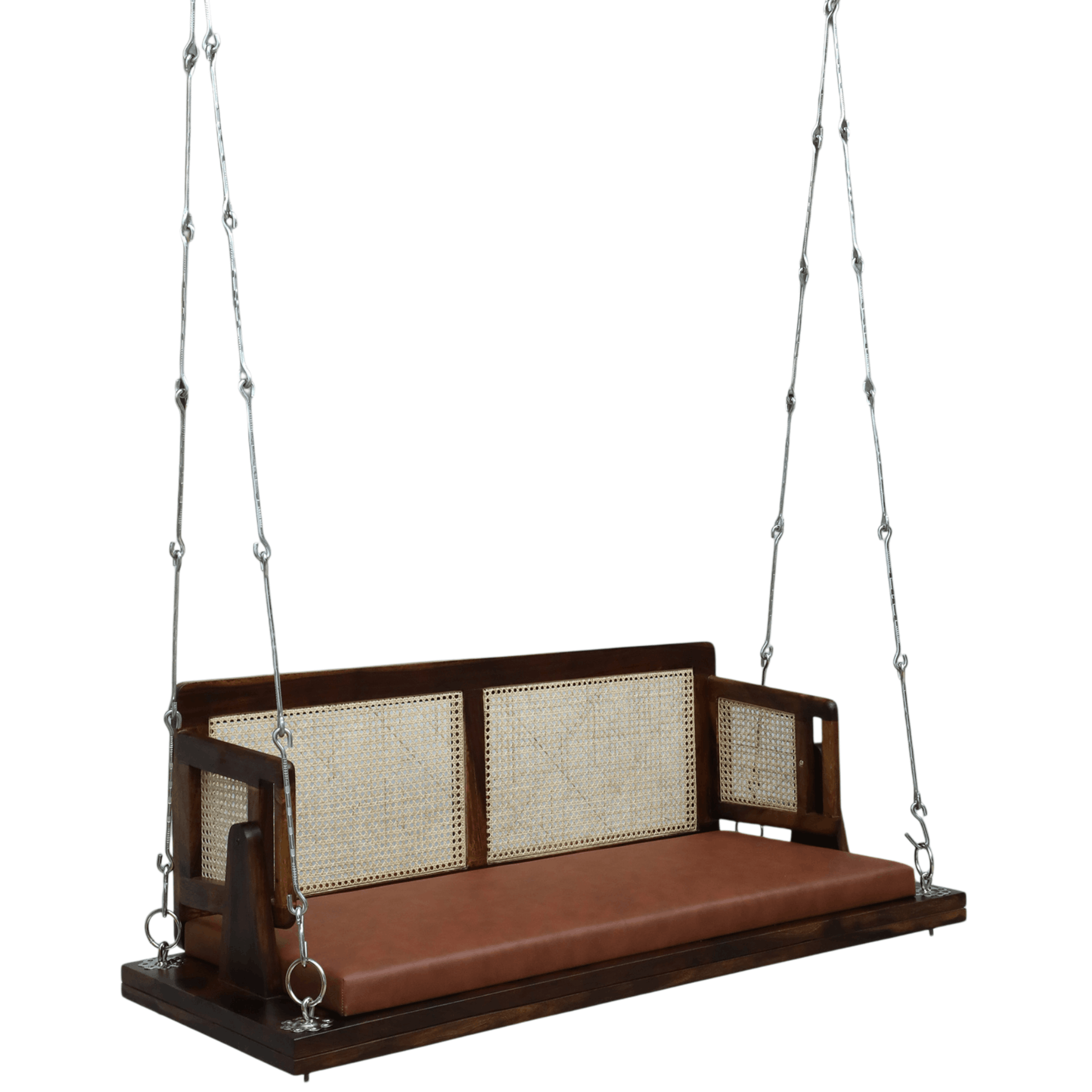 Solid wood hanging swing bench with cane backrest and brown cushion