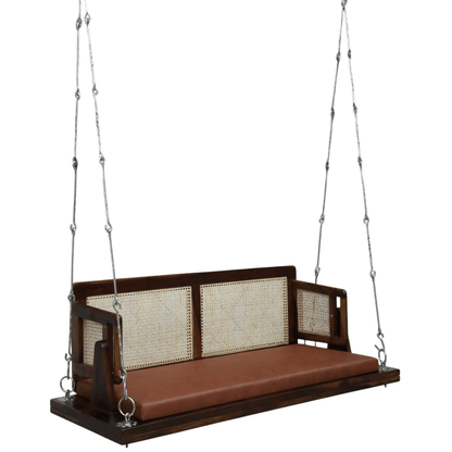 Solid wood hanging swing bench with cane backrest and brown cushion
