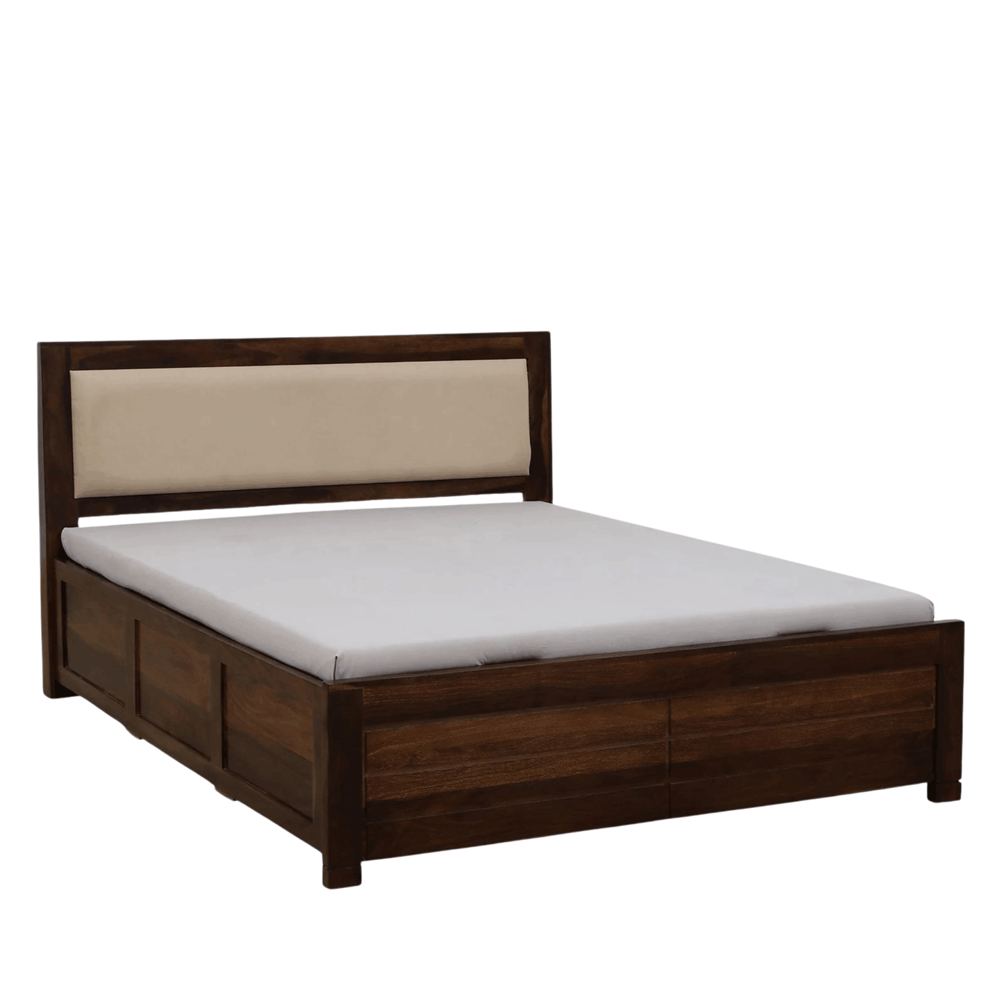Luna Haven queen size storage bed with soft upholstered headboard in Provincial Teak