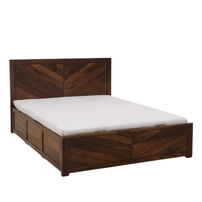 Ferrowoods Chevron Crest Hydraulic Box Storage Bed in Provincial Teak Finish | Queen Size