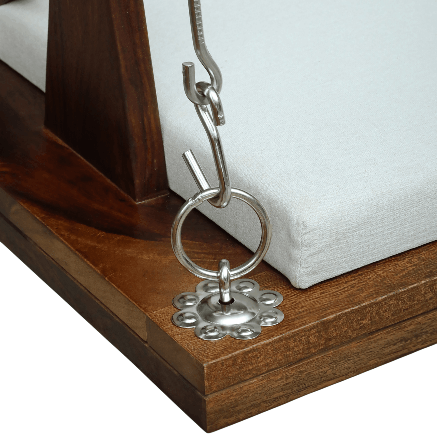 Sheesham wood swing with white cushion and metal chain detail
