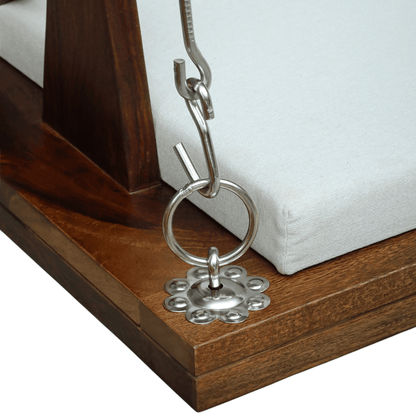 Sheesham wood swing with white cushion and metal chain detail