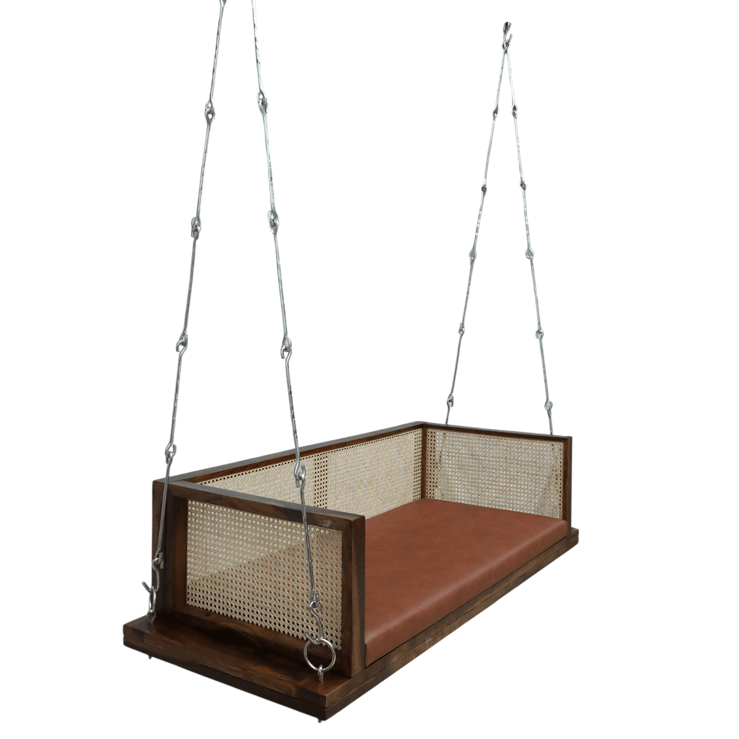 Solid wood hanging swing bench with cane sides and brown cushion