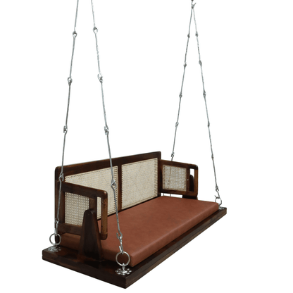 Sheesham wood hanging swing with cane backrest and brown cushion