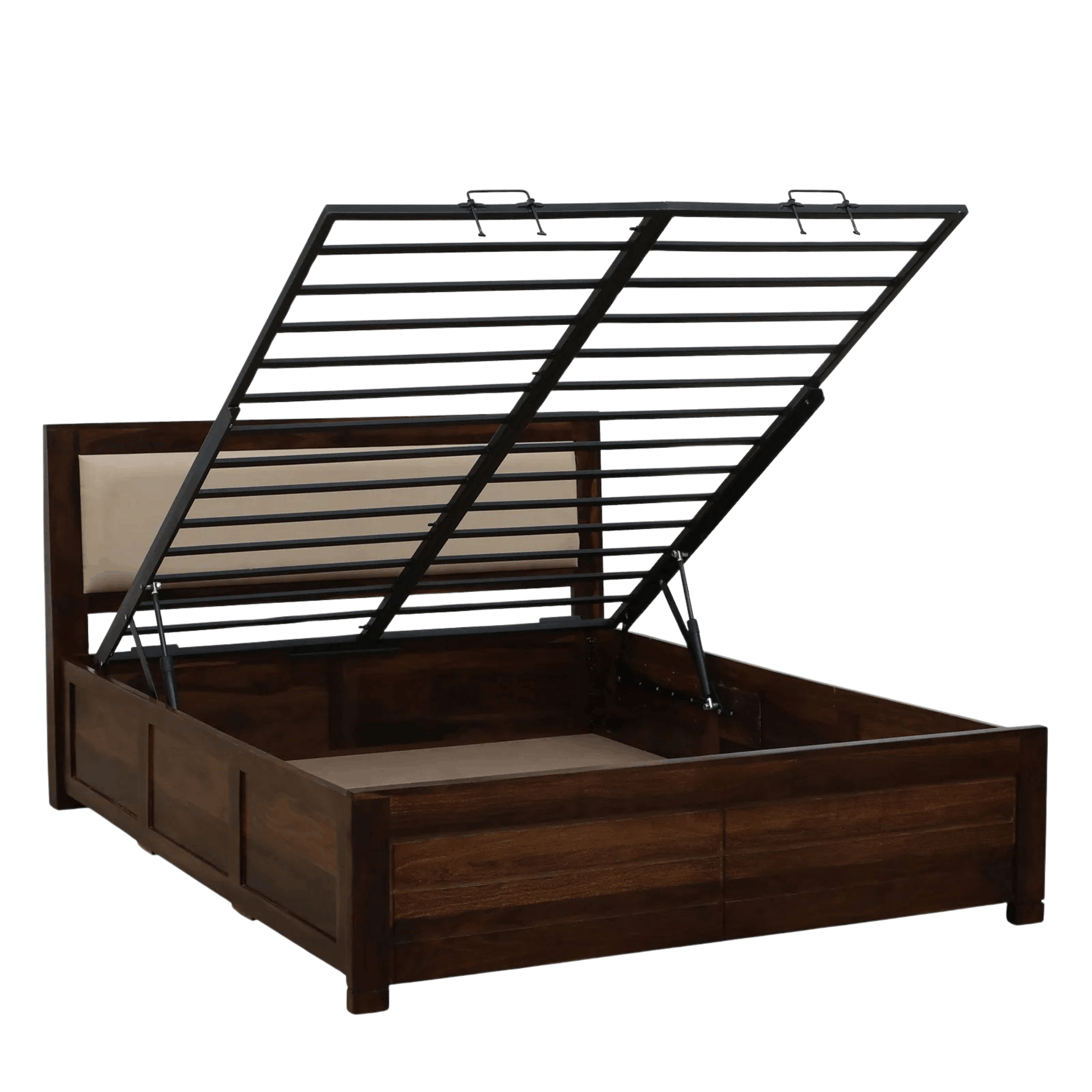 Hydraulic lift storage bed with upholstered headboard in Provincial Teak brown finish