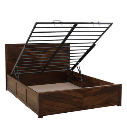 Ferrowoods Chevron Crest Hydraulic Box Storage Bed in Provincial Teak Finish | Queen Size