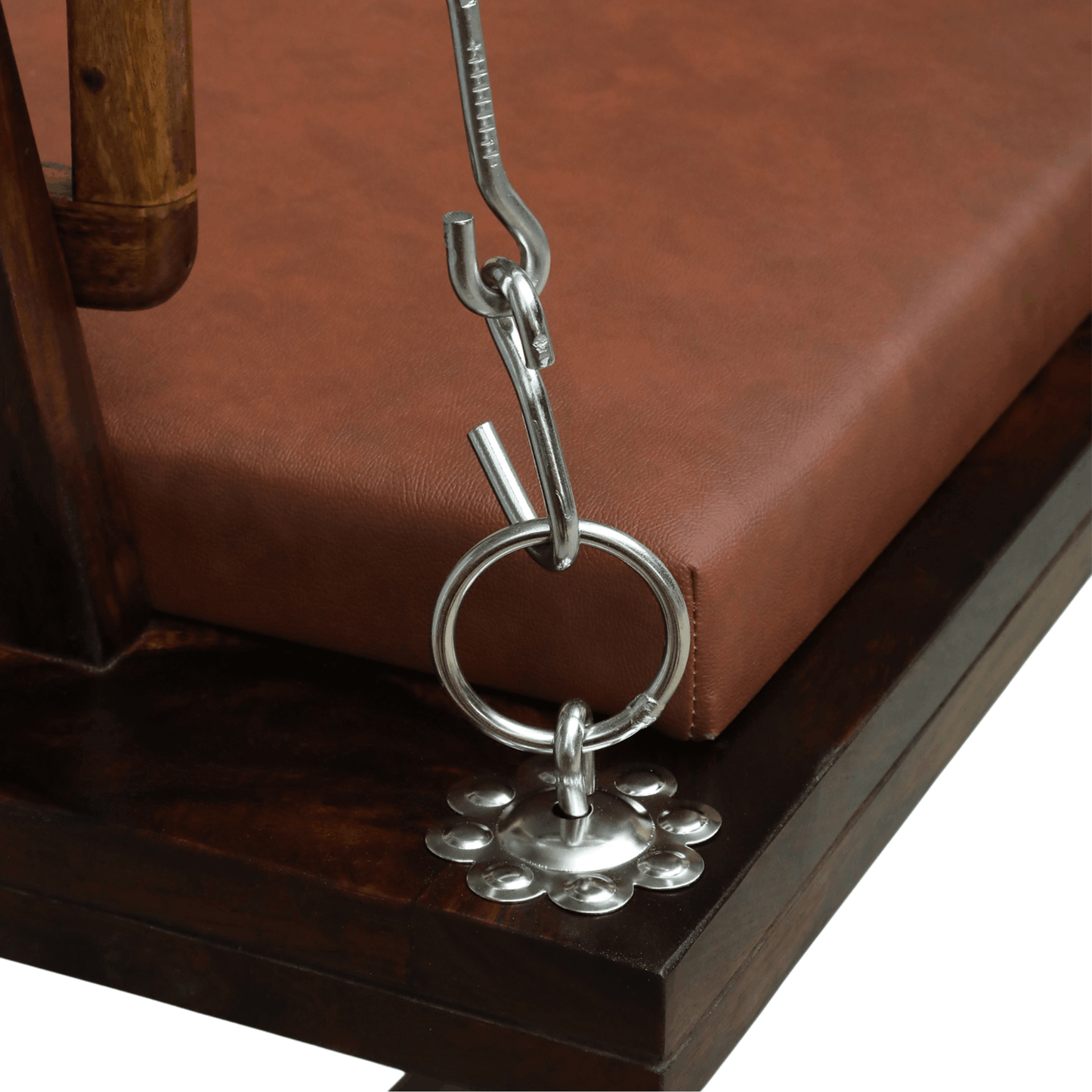 Sheesham wood swing with brown cushion and metal chain detail