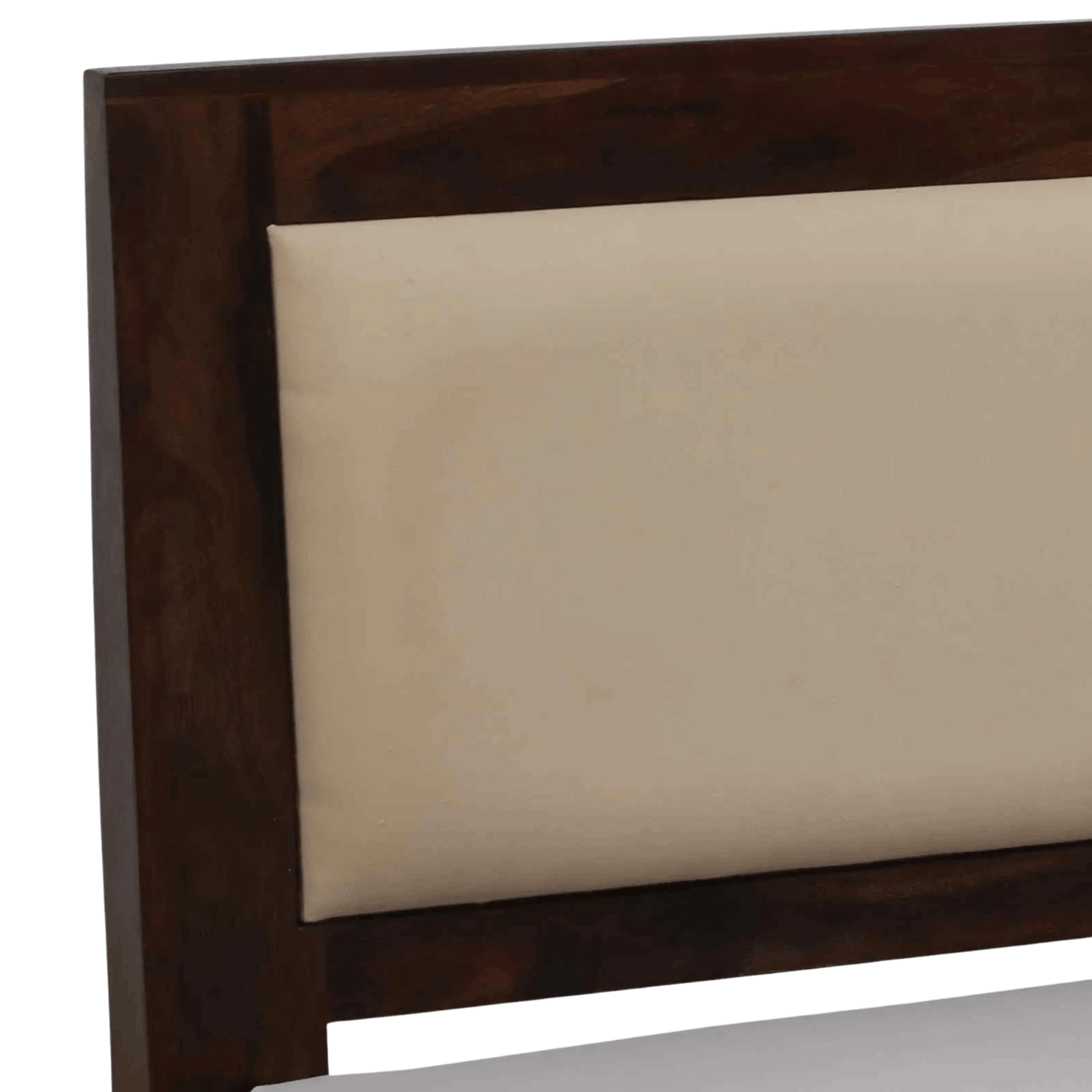 Dark Sheesham wood headboard with cream upholstered panel