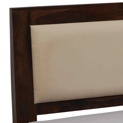 Dark Sheesham wood headboard with cream upholstered panel