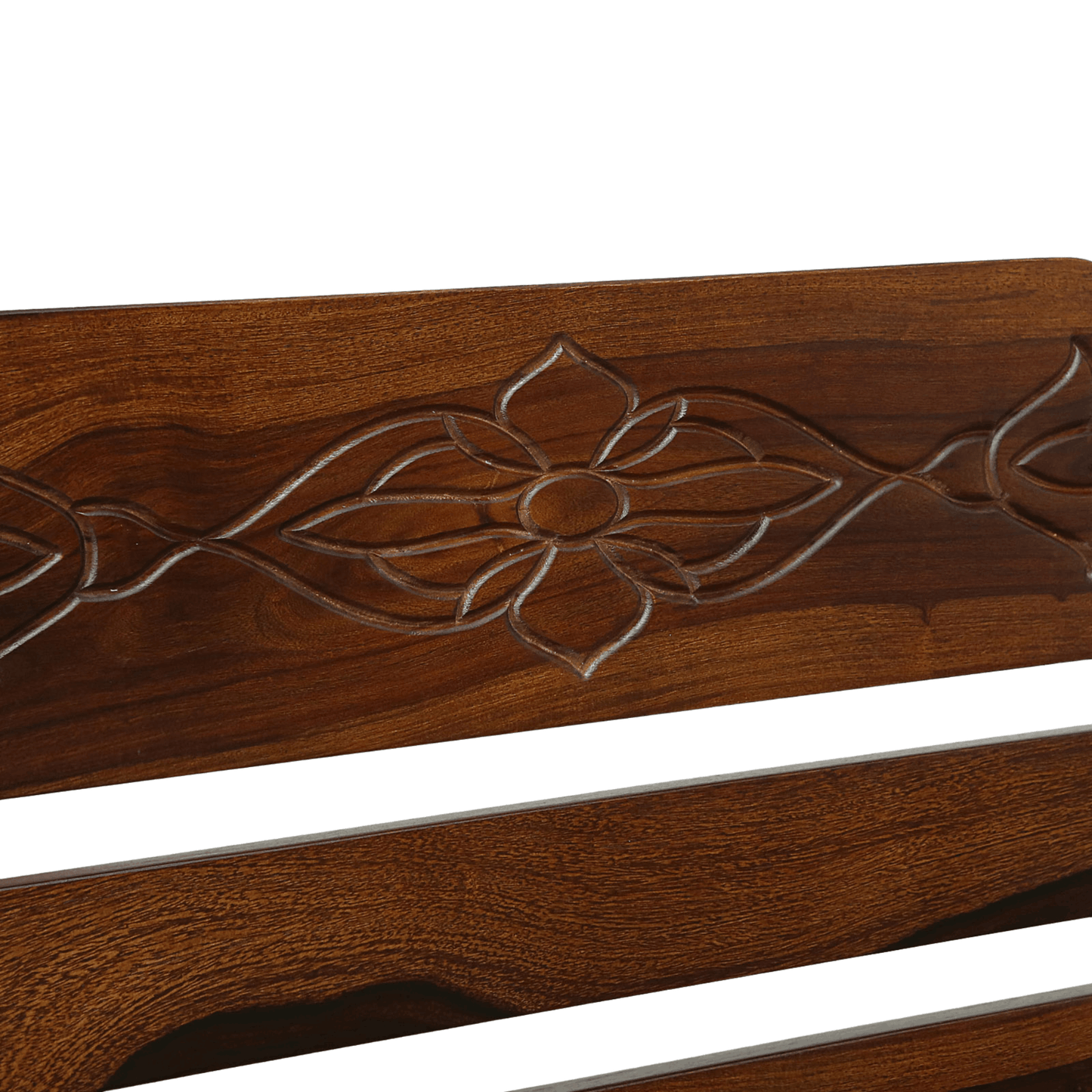 Sheesham wood bench with hand-carved floral design in rich brown finish