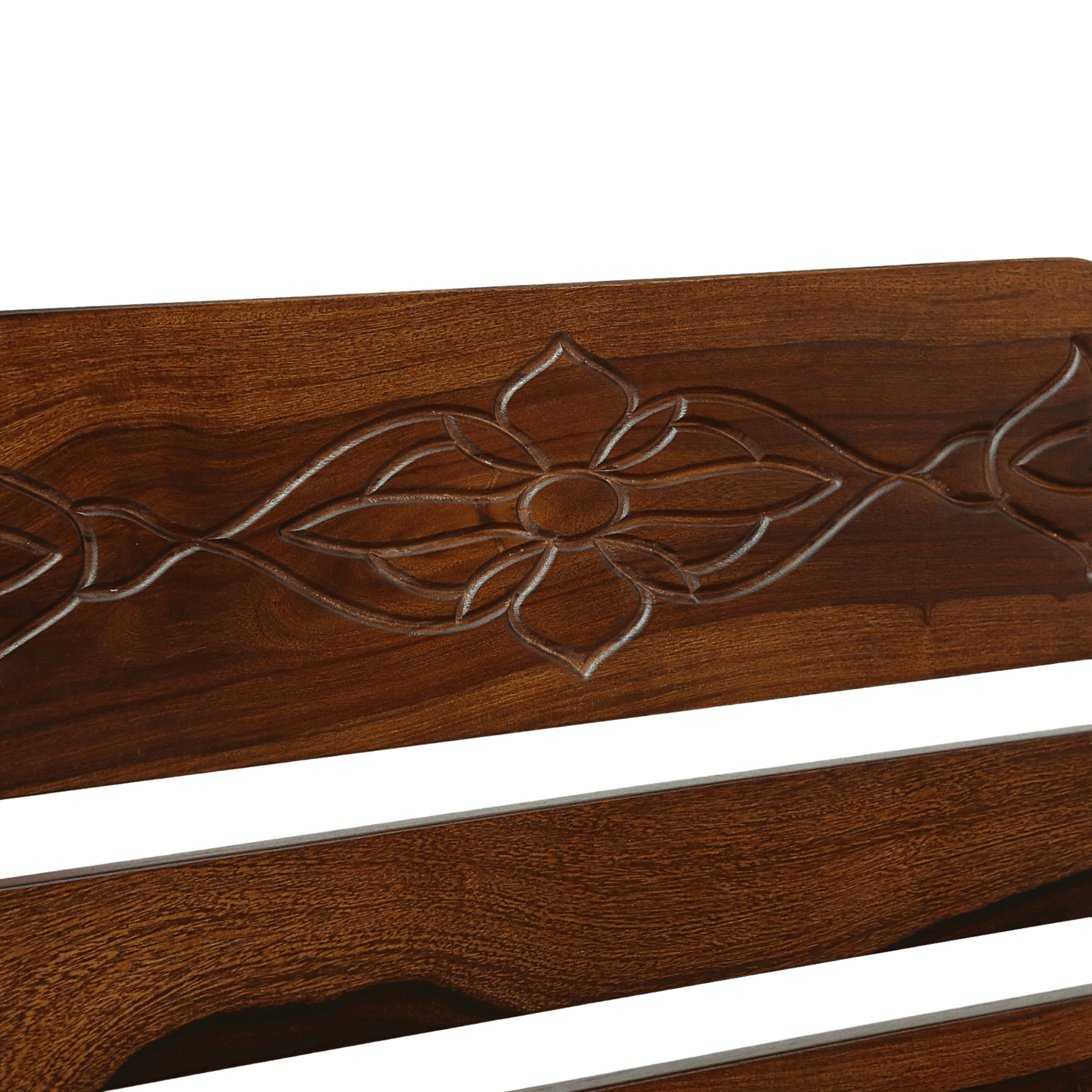 Sheesham wood bench with hand-carved floral design in rich brown finish