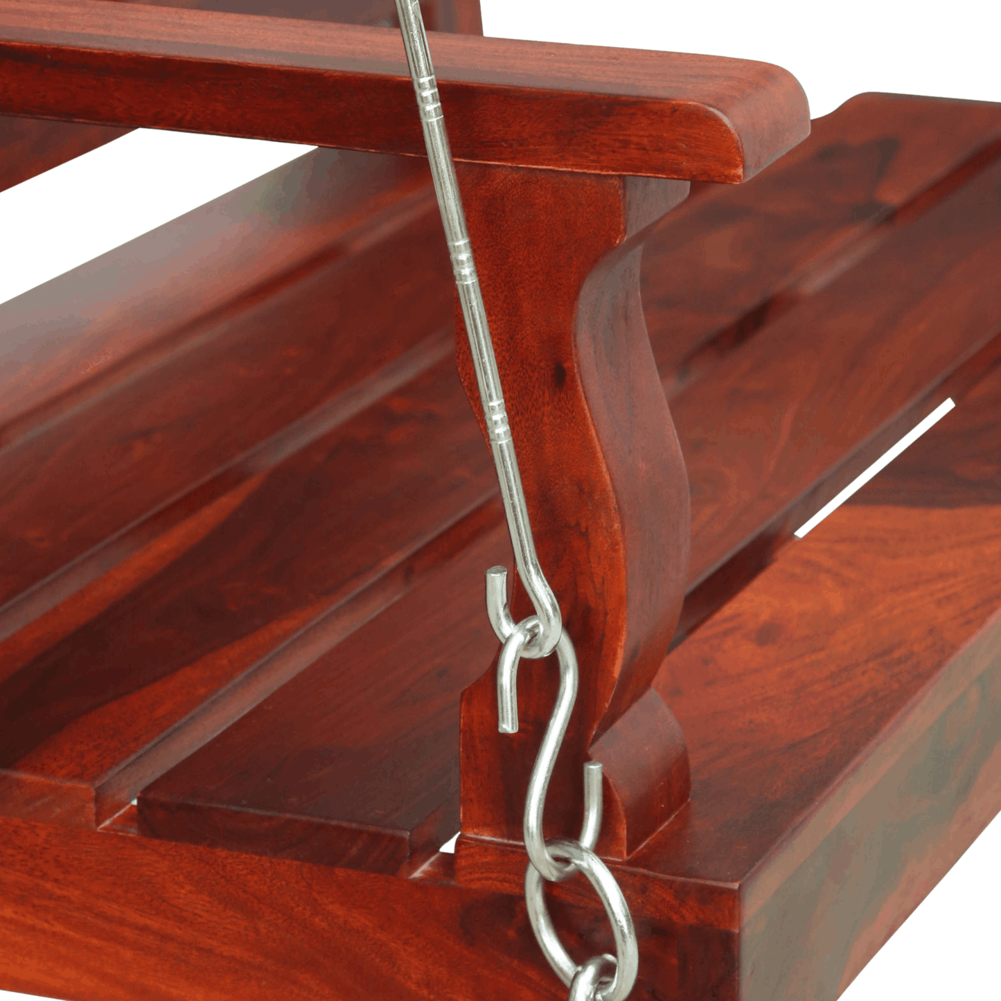 Sheesham wood swing chair with rich mahogany finish and metal chain suspension