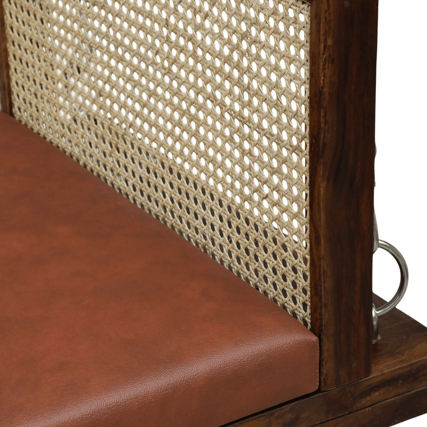 Solid wood bench with cane backrest and brown leather seat
