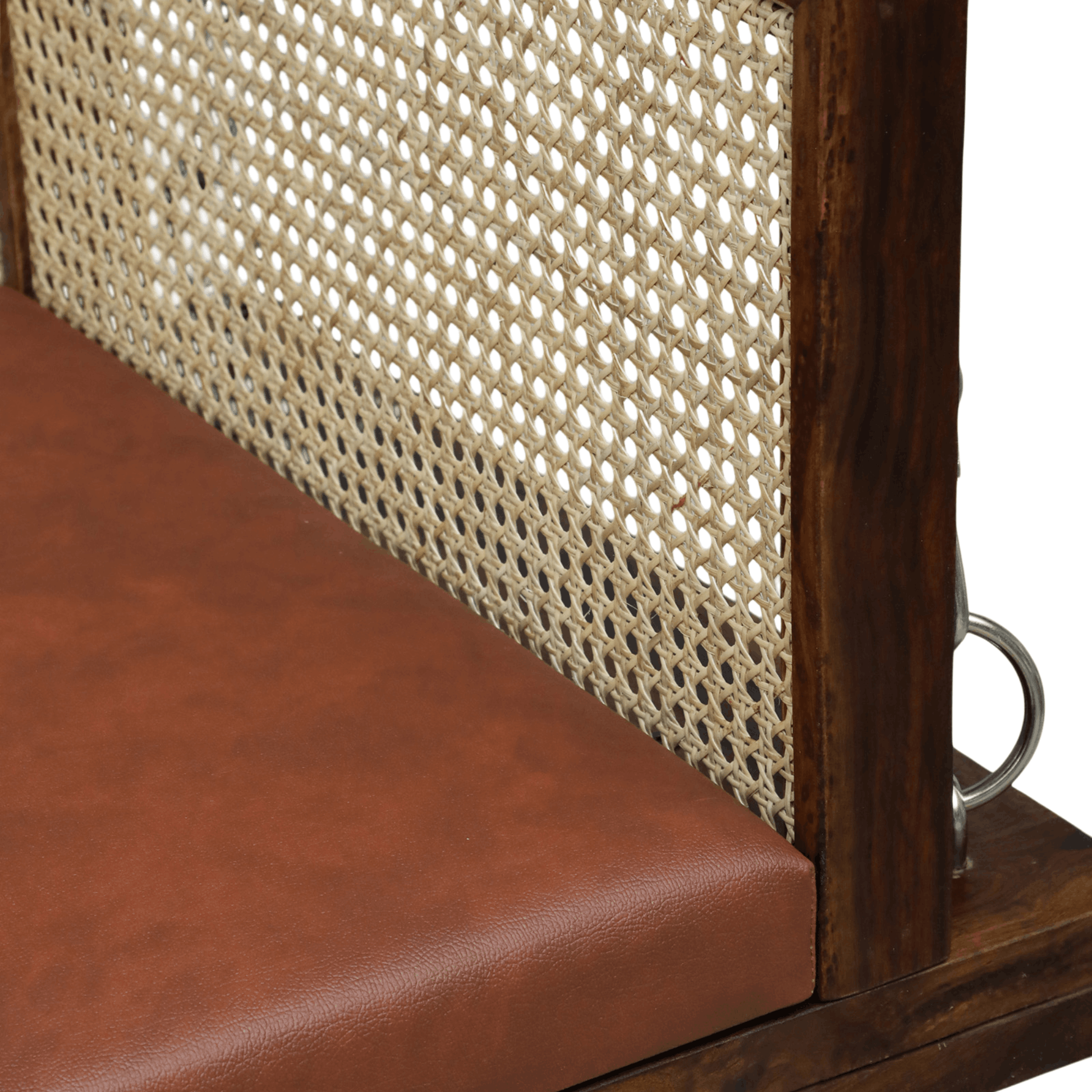 Solid wood bench with cane backrest and brown leather seat