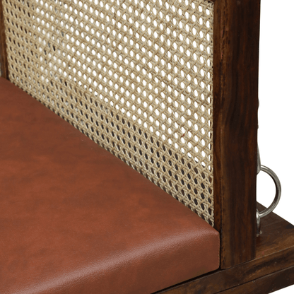 Solid wood bench with cane backrest and brown leather seat