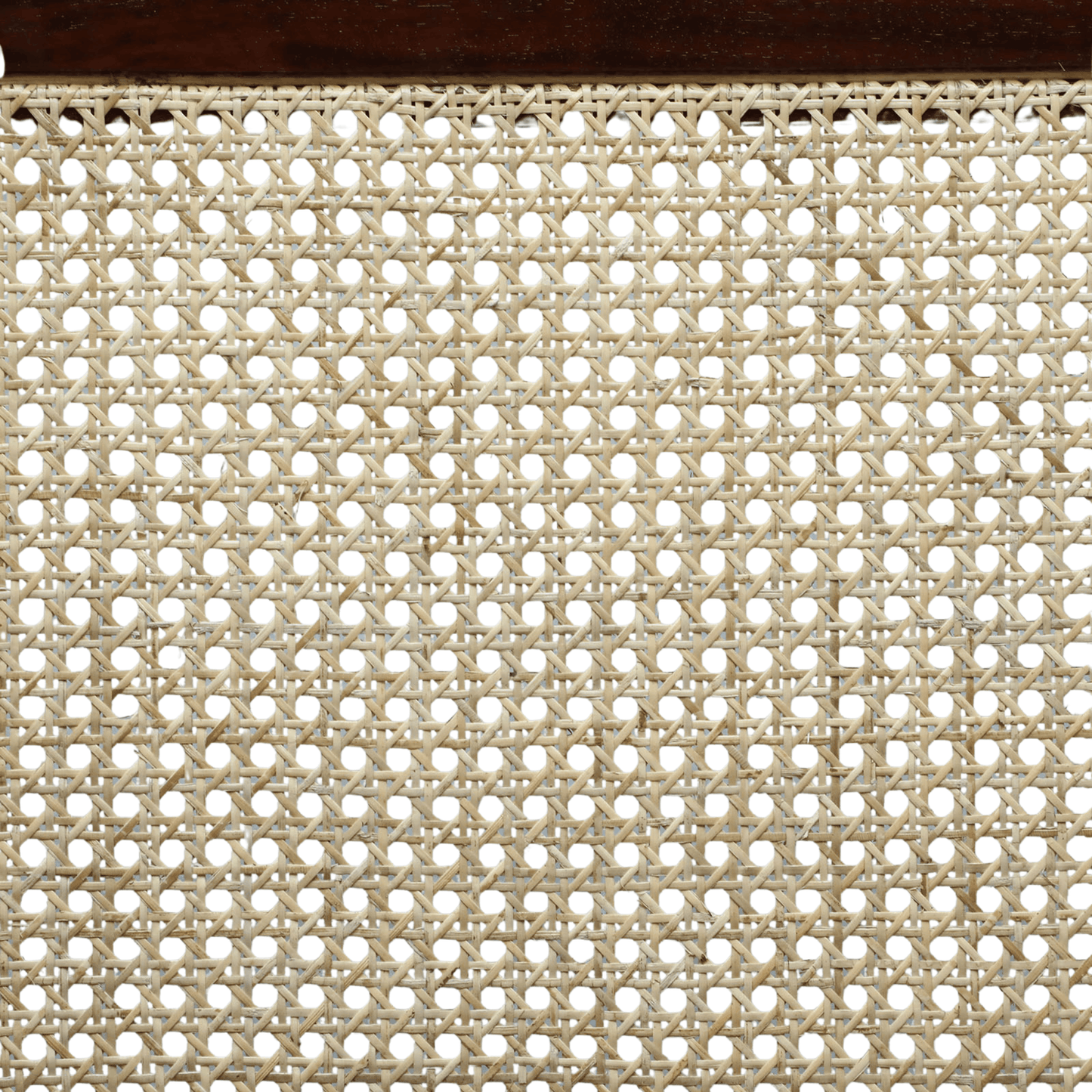 Handwoven cane backrest with natural finish on solid wood frame