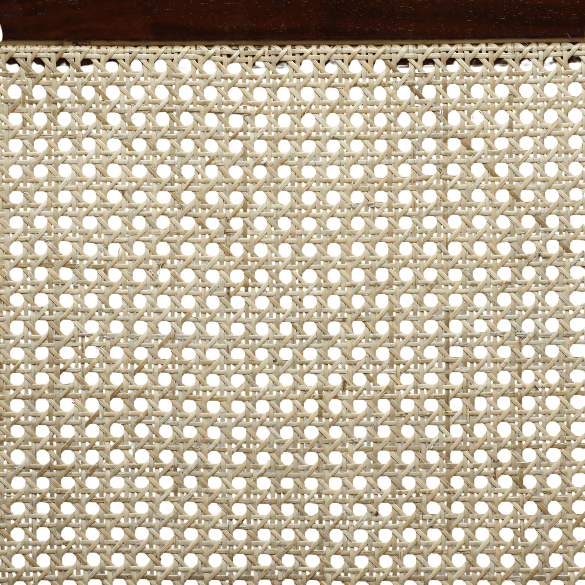 Handwoven cane backrest with natural finish on solid wood frame