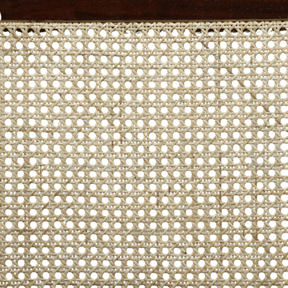 Handwoven cane backrest with natural finish on solid wood frame