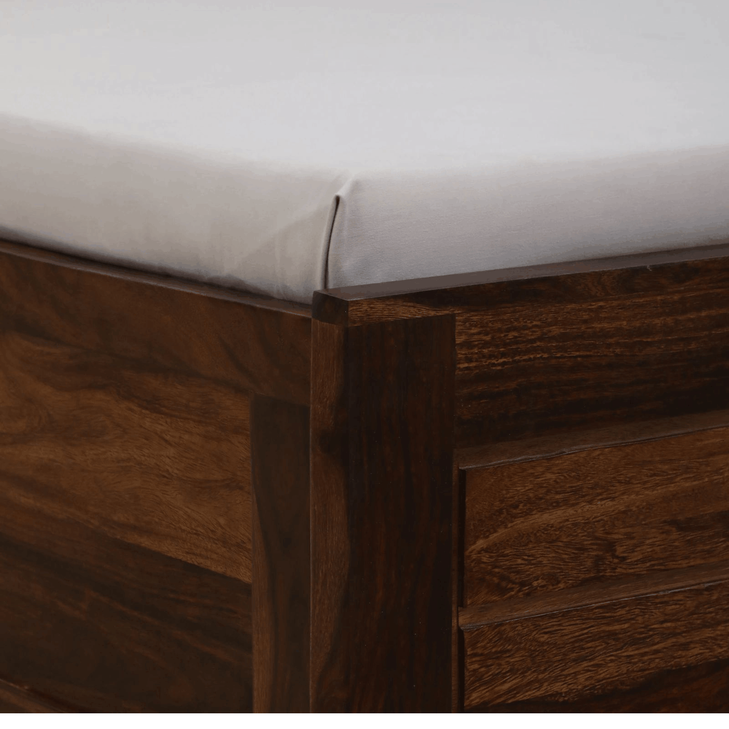 Solid wood bed frame with rich walnut finish and storage drawers