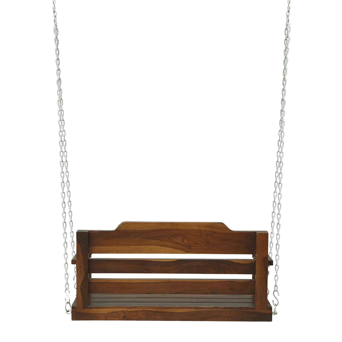 Solid wood porch swing with slatted back and seat in rich walnut finish