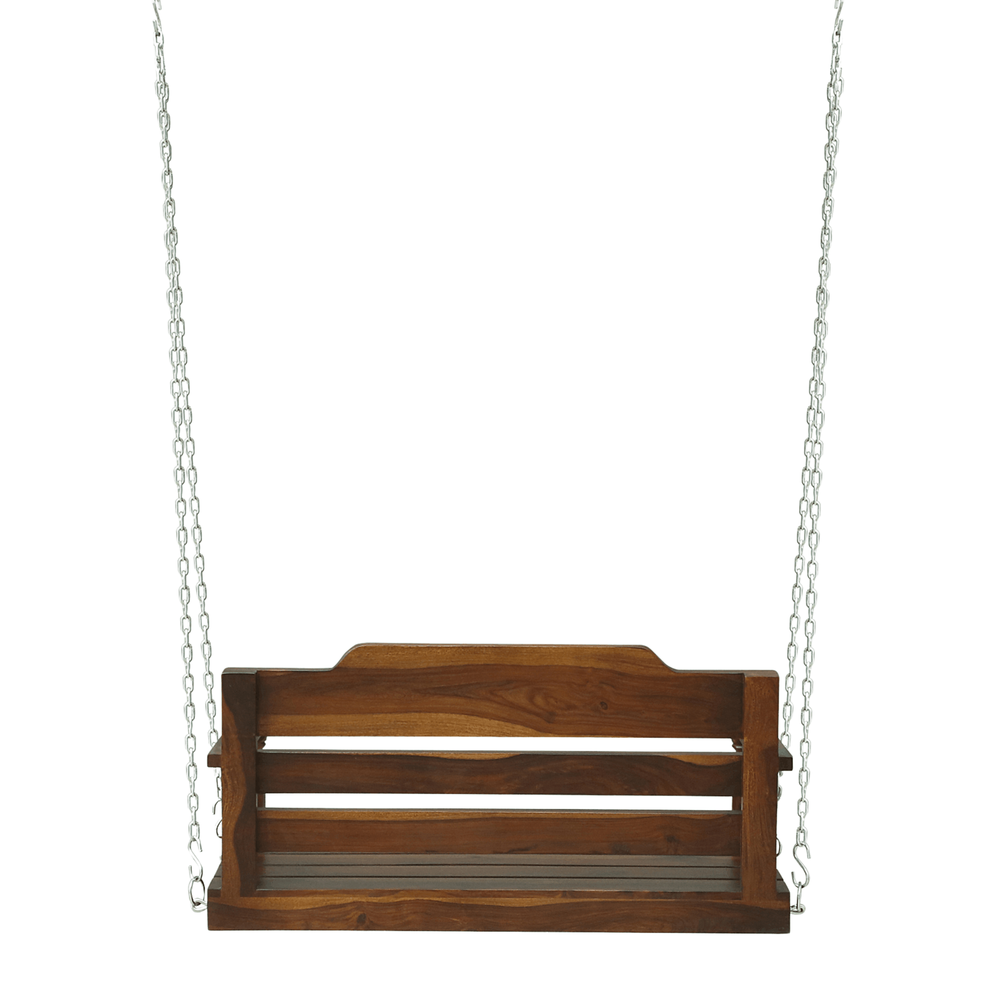 Solid wood porch swing with slatted back and seat in rich walnut finish