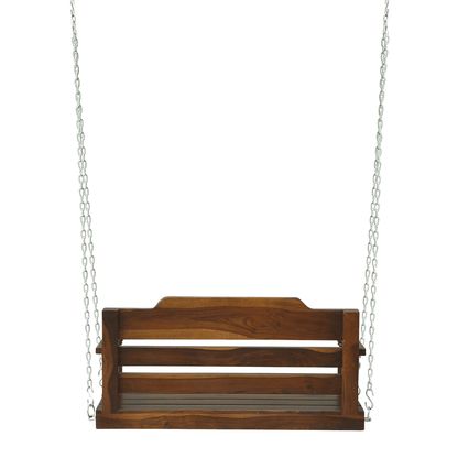 Solid wood porch swing with slatted back and seat in rich walnut finish