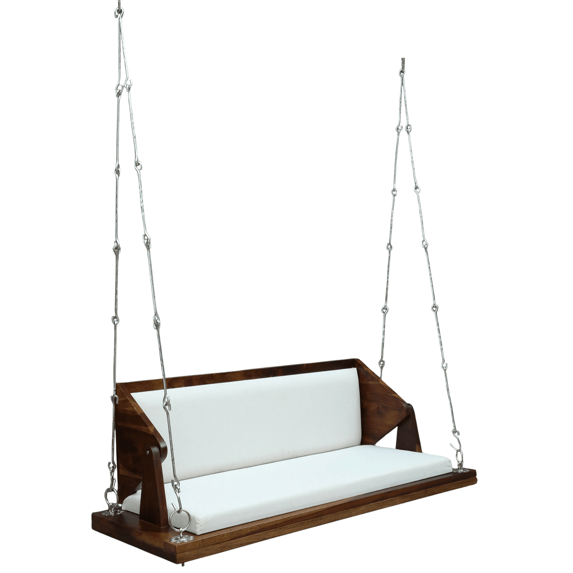 Solid wood hanging swing bench with white cushion and dark finish