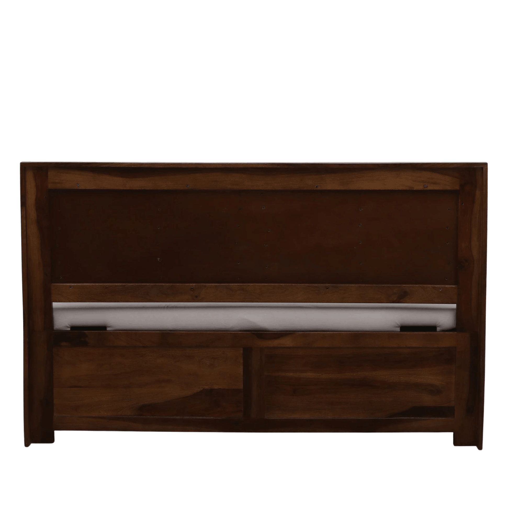 Solid wood bed frame with dark walnut finish and under-bed storage drawers