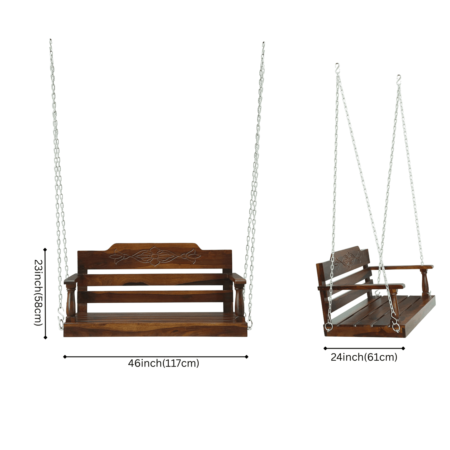 Sheesham wood swing bench with carved backrest in walnut finish