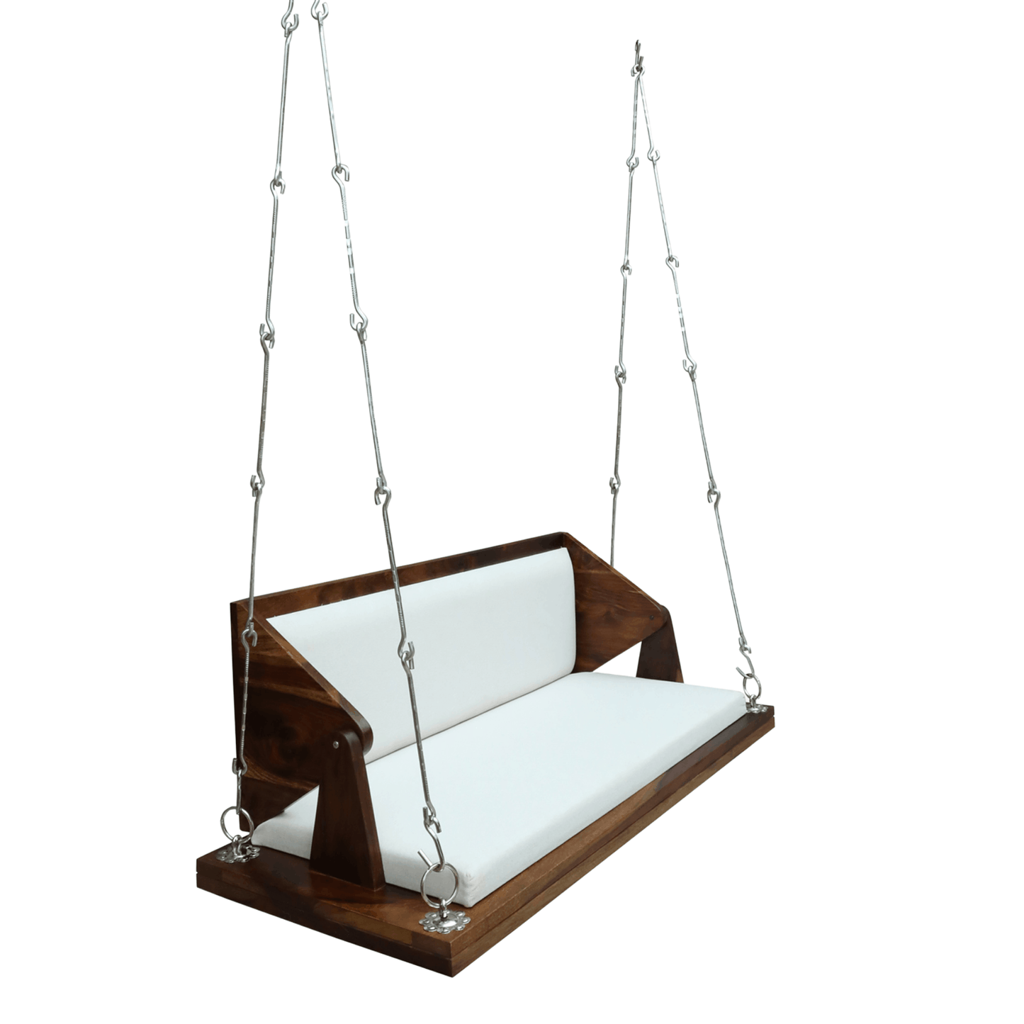 Sheesham wood hanging swing bench with white cushion and metal chains