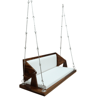 Sheesham wood hanging swing bench with white cushion and metal chains
