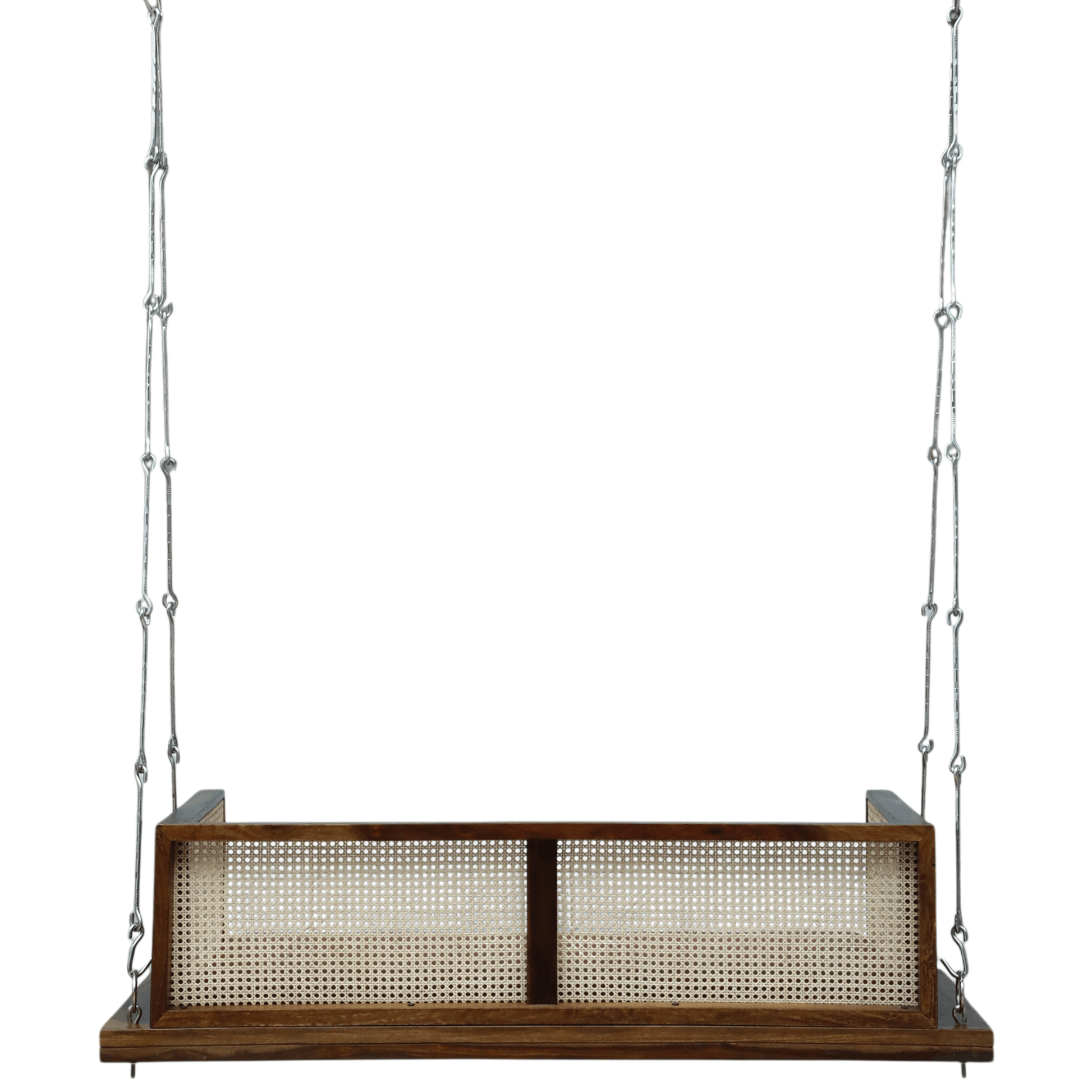 Sheesham wood hanging swing bench with cane weave back and metal chains
