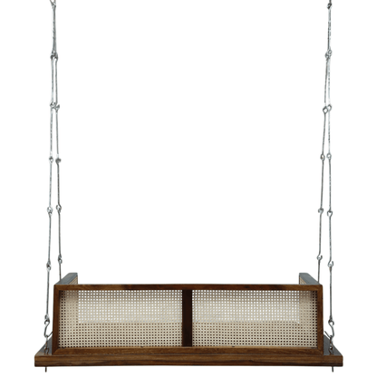 Sheesham wood hanging swing bench with cane weave back and metal chains