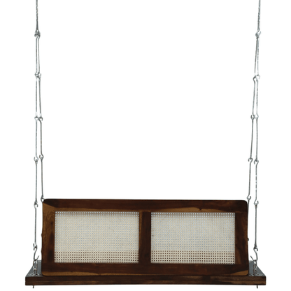 Solid wood swing bench with cane backrest in dark walnut finish