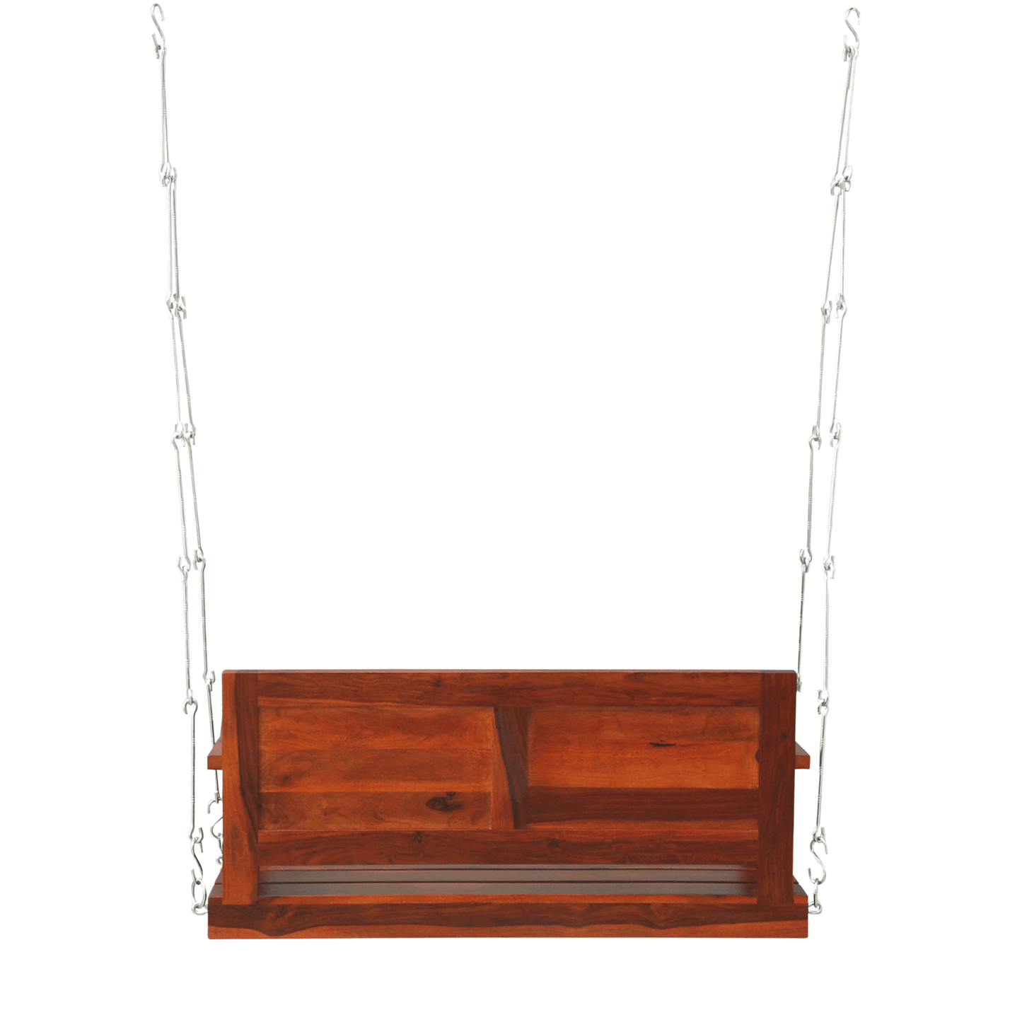 Solid wood porch swing with rich teak finish and metal chains