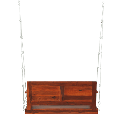 Solid wood porch swing with rich teak finish and metal chains