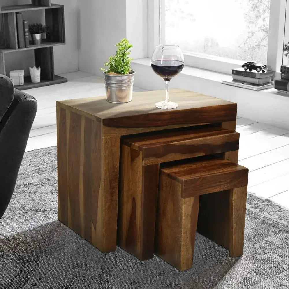 ALURE SET OF 3 SHEESHAM WOOD WALNUT FINISH My Store