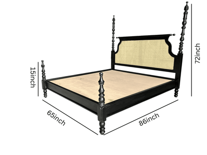 Black bed frame with dimensions on a white background