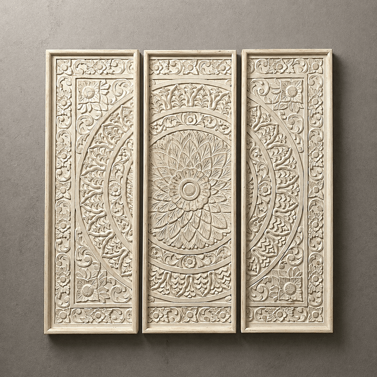 Three decorative wall panels with intricate carvings on a gray background