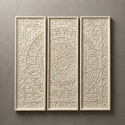 Three decorative wall panels with intricate carvings on a gray background