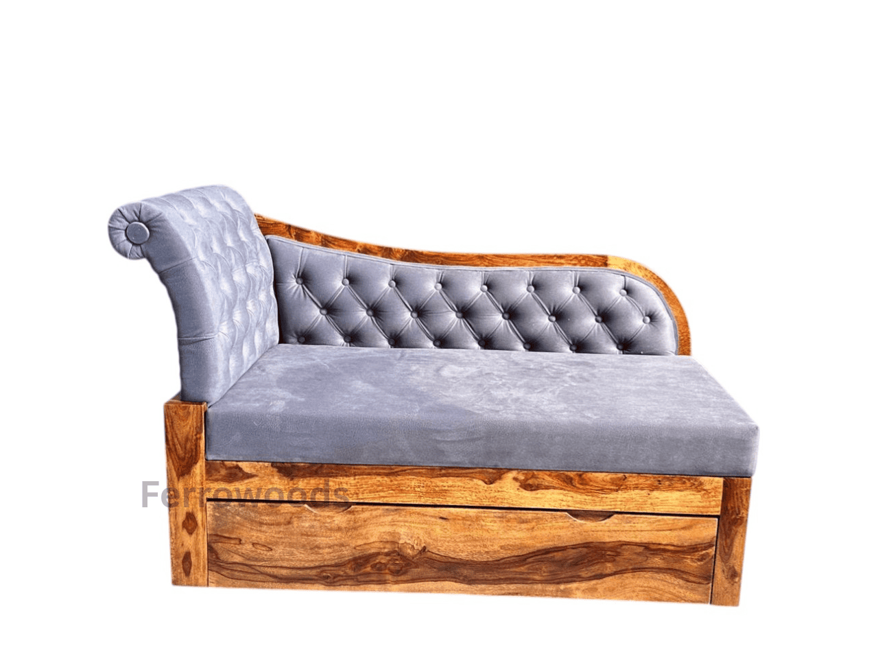 2 seater Sheesham Wood Upholstered Sofa with Drawer Storage | Provincial Teak Finish | Ferrowoods -