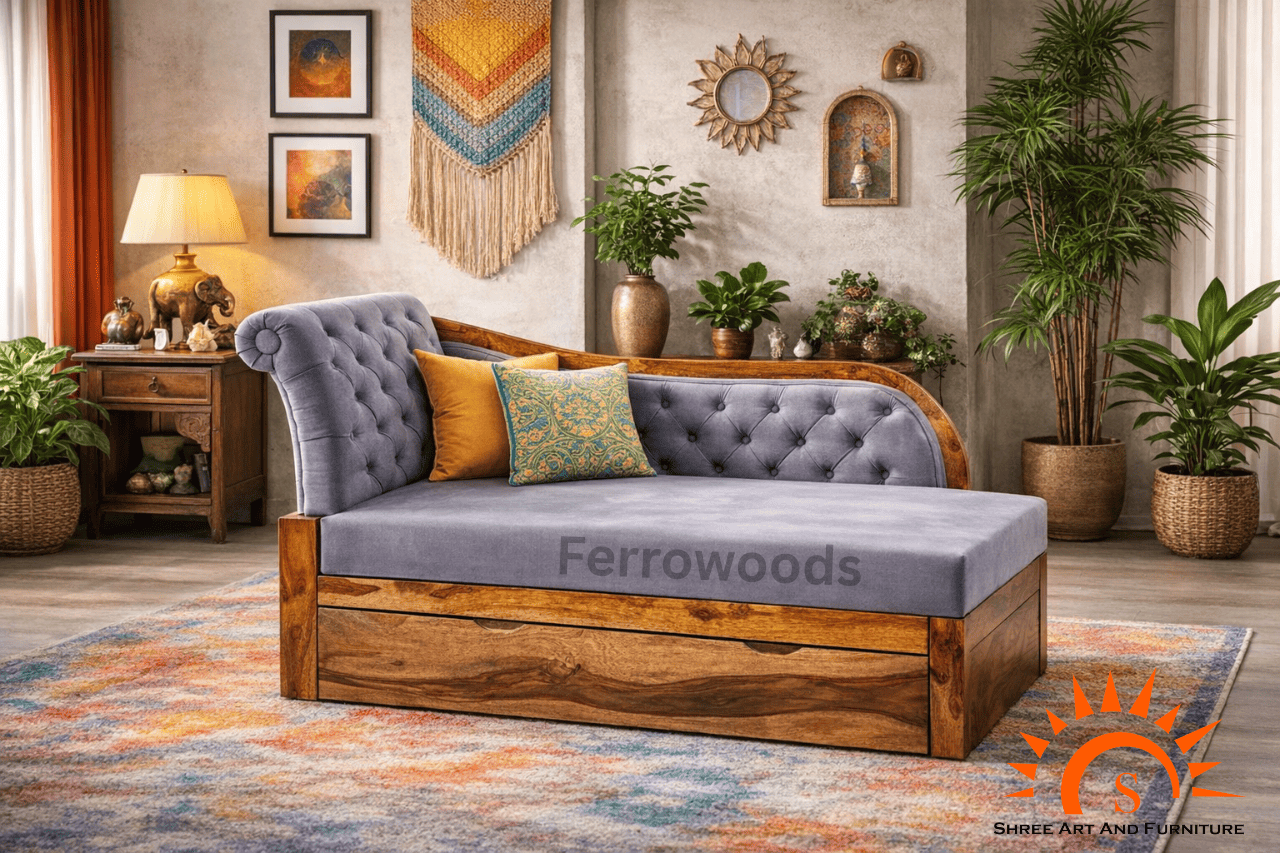2 seater Sheesham Wood Upholstered Sofa with Drawer Storage | Provincial Teak Finish | Ferrowoods -